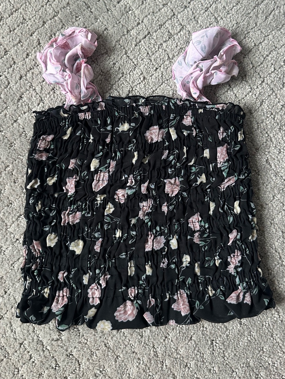 Flowers by Zoe Black Floral Smocked Tank with Pink Ruffle Straps - size small